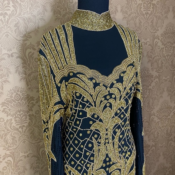 Vintage 70s 80s Beaded Sequin Gold Disco Maxi Cocktail Dress Pageant Gown - Picture 6 of 16